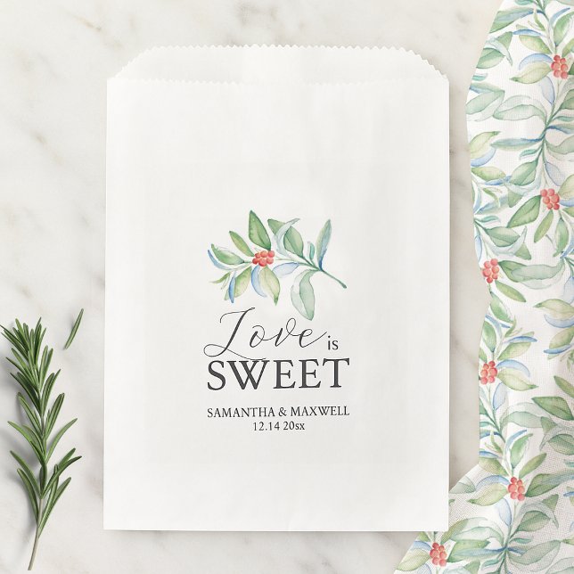 Sacolinha Casamento de Natal Favor Bolsas Amor É Doce (flat lay of gift bags for xmas features watercolor botanical art and the words Love is Sweet custom)