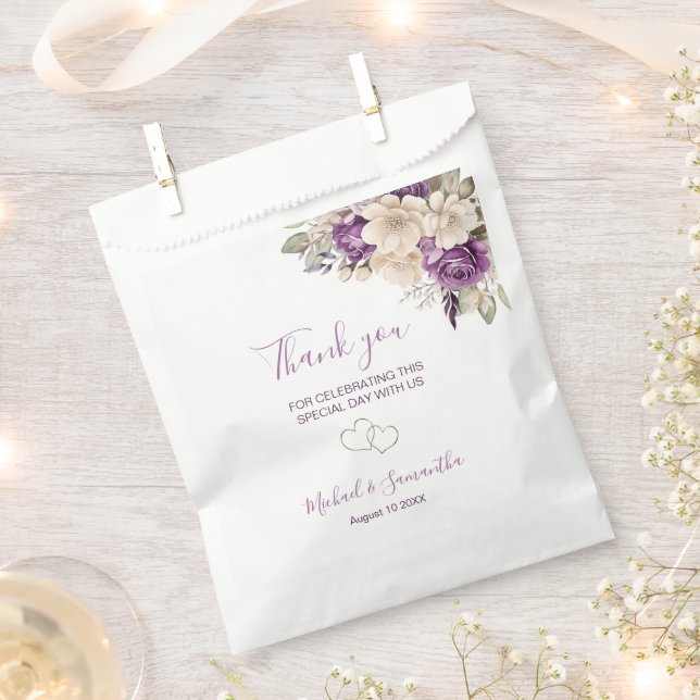 Sacolinha Casamento de Rosa de marfim e roxo elegante (Cortado)