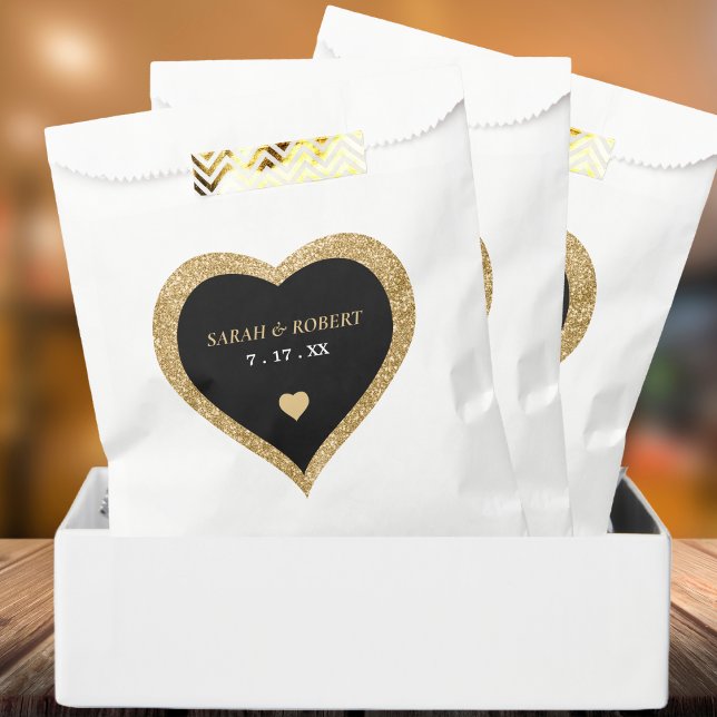Sacolinha Casamento Dourado e brilhante (Black & Gold Glitter Heart Wedding Favor Bag)