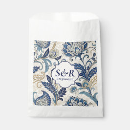 Sacolinha Casamento Floral de Monograma Azul e Creme Damask