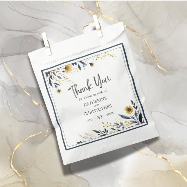 Sacolinha Casamento Floral Dourado Moderno Elegante Azul (Blue Yellow Wildflower Floral Elegant Wedding Favor Thank You Bag.)