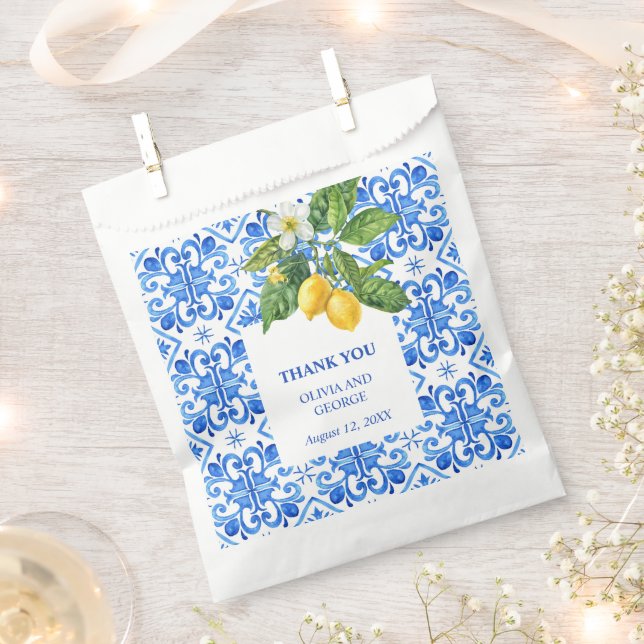 Sacolinha Casamento mediterrânico de azulejos azuis e limões (Cortado)