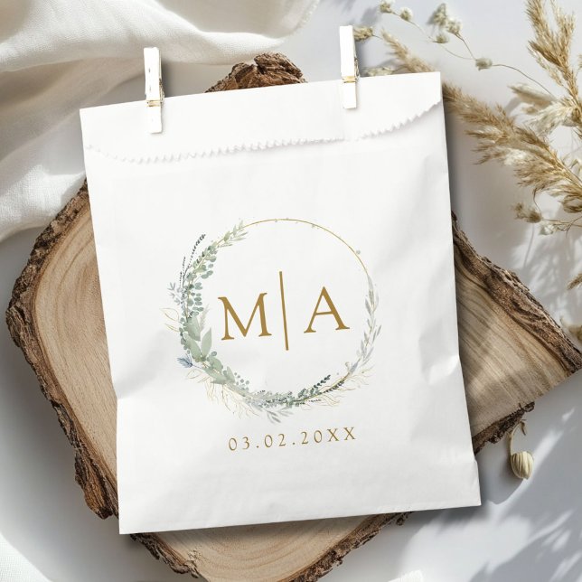 Sacolinha Casamento moderno e elegante de eucalipto (Modern, elegant eucalyptus wedding favor bag with your monogram and date.)