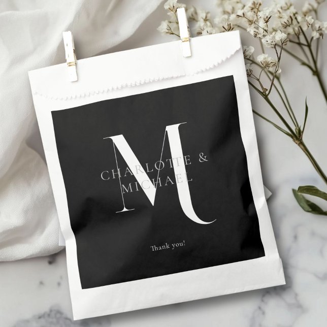 Sacolinha Casamento simples, elegante, monograma (Simple, elegant, monogram " Thank You!"  wedding favor bag with your names.)