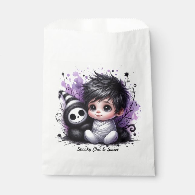 Sacolinha Chá de fraldas com tema Halloween - Roxo Gótico (Frente)