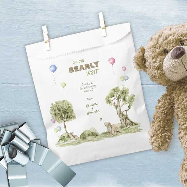 Sacolinha Chá de fraldas de Aquarela de Woodland de Espera D (Sweet Bearly Wait Woodland Watercolor Baby Shower Favor Bag ©Susanne Sachers - Sunny Mind Design 🌞)