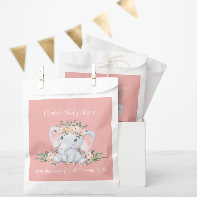 Sacolinha Chá de fraldas de Elefante Cor Floral Rosa, Agrade (Pink Floral Cute Elephant Baby Shower Favor Bags or Goodie Bags for Thank You Gifts)