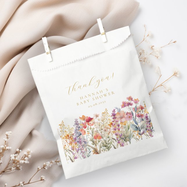 Sacolinha Chá de fraldas de flor selvagem moderno (Modern, Wildflower Baby Shower Favor Bag with your name and date.)