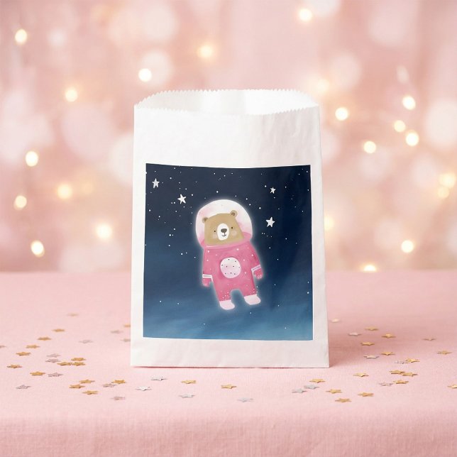 Sacolinha Chá de fraldas do astronauta do Urso Espacial Rosa (Pink Space Bear astronaut Baby Shower Favor Bag.)