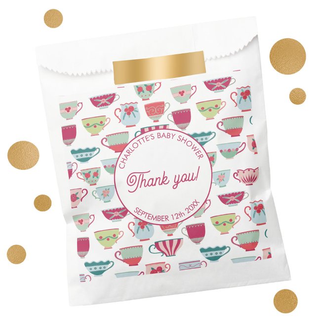 Sacolinha Chá de fraldas do Tea Party Retro (Vintage retro tea party baby shower favor bags with custom text)
