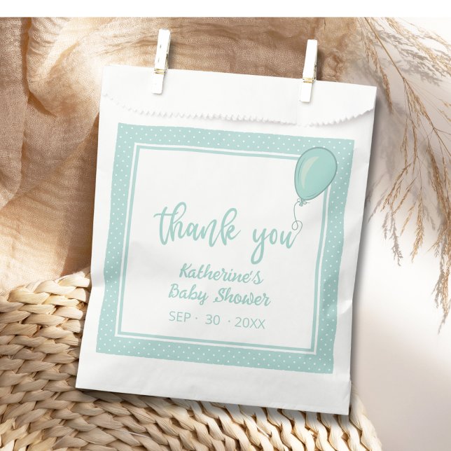 Sacolinha Chá de fraldas Sexo Neutro Casa Verde (BOHO Baby Shower Gender-Neutral Favor Bag with Mint Green Polka Dots, Balloon, Mom's Name, Date.)