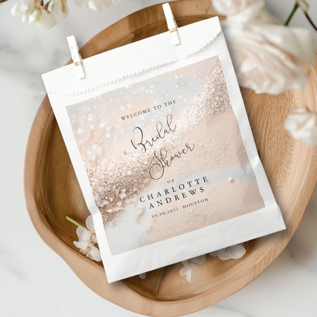 Sacolinha Chá de Noiva moderno e brilhante (Modern, glitter Bridal Shower Favor Bag with your name and bag.)