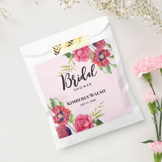 Sacolinha Chá de Noiva Moderno Vermelho Rosa Floral em Rosa  (Selado)