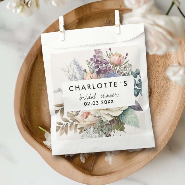 Sacolinha Chá de panela (Modern Flower Bridal Shower Favor Bag with your name and date.)