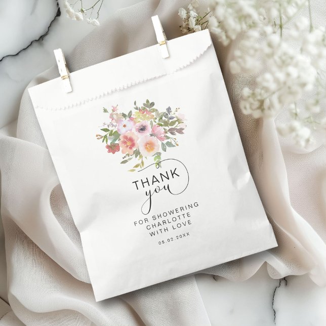 Sacolinha Chá de panela de Flor Moderno (Modern Flower "Thank You!" Bridal Shower Favor Bag with your name and date.)