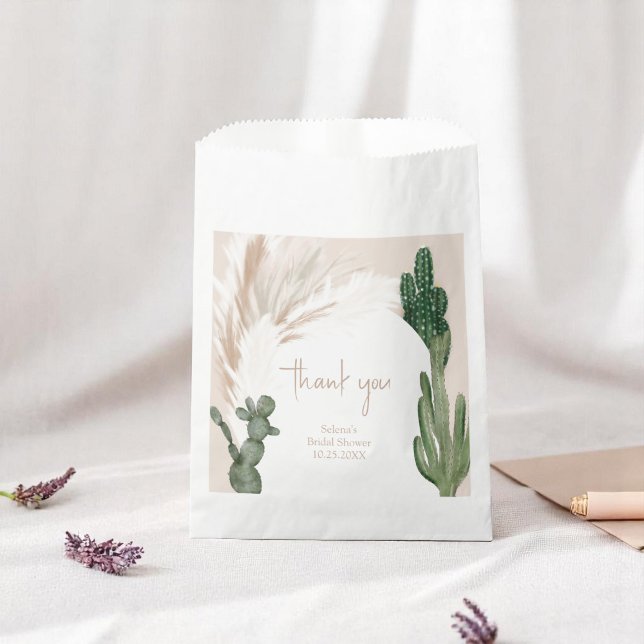 Sacolinha Chá de panela do deserto do boho cactus pampas (Boho cactus pampas arch desert bridal shower favor bag)