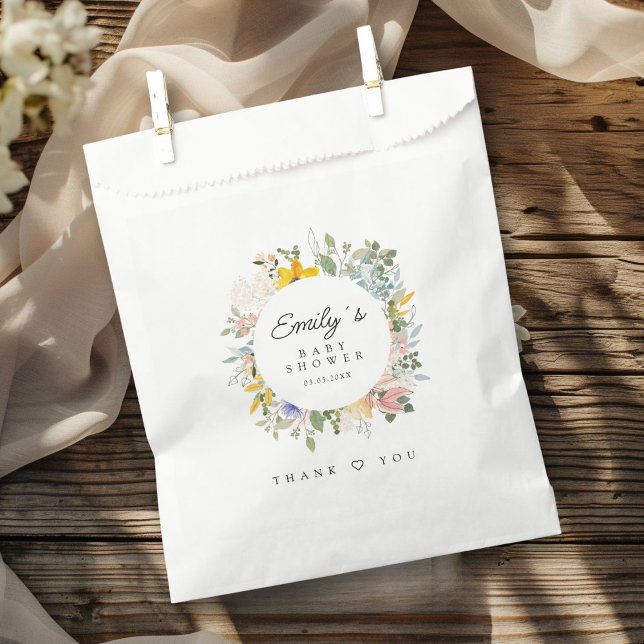 Sacolinha Charme de Jardim de Flores Selvagens | Chá de fral (Custom Wildflower Garden Charm | Baby Shower Favor Bag with your Name & Date.)