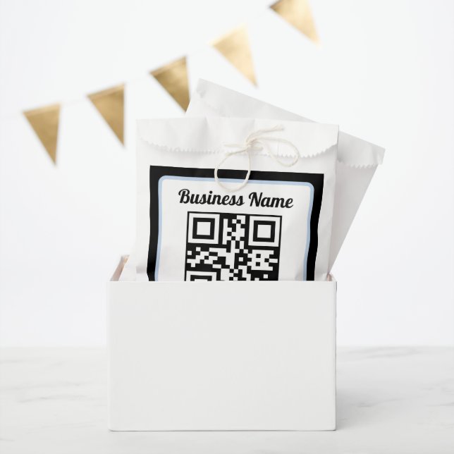 Sacolinha Código QR e texto editáveis com borda azul clara (Festa)