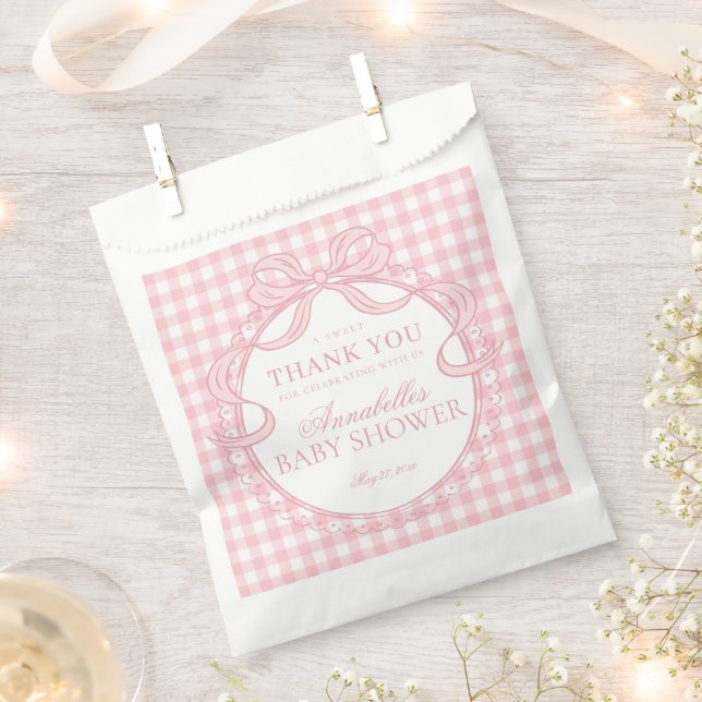 Sacolinha Coquete Gingham Rosa com Laço para Festa de Bebê S (Cortado)