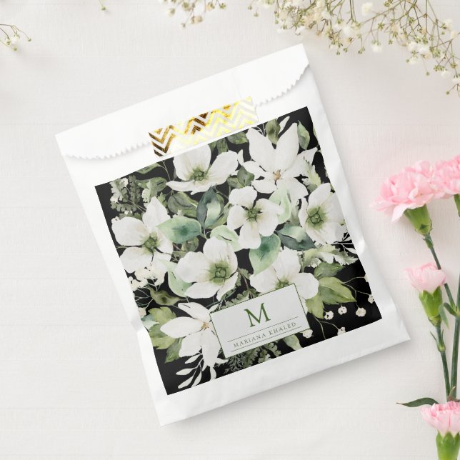 Sacolinha Cor d'água elegante preto e branco floral (Selado)