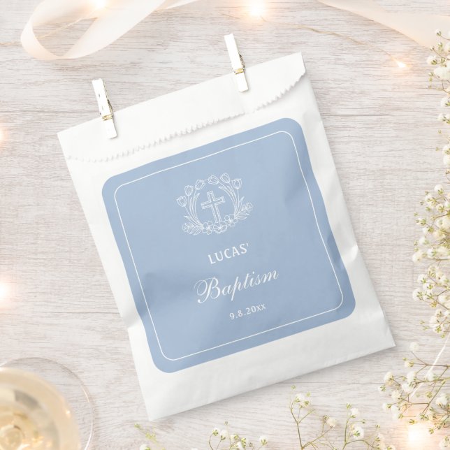 Sacolinha Cruz Floral Simples no Batismo Azul Claro (Cortado)