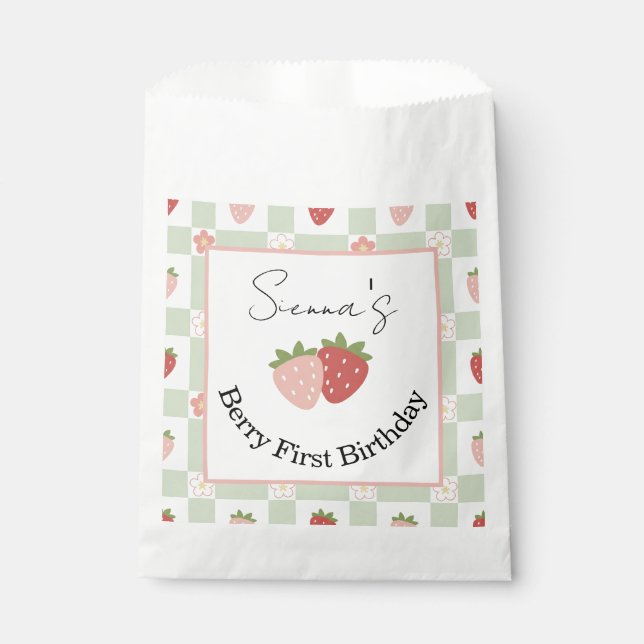 Sacolinha Customisable Strawberry Gingham First Birthday (Frente)