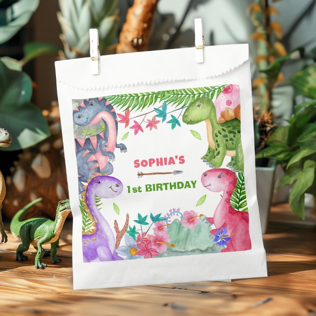 Sacolinha Cute Girl Dinosaur 1st Birthday Party (Criador carregado)