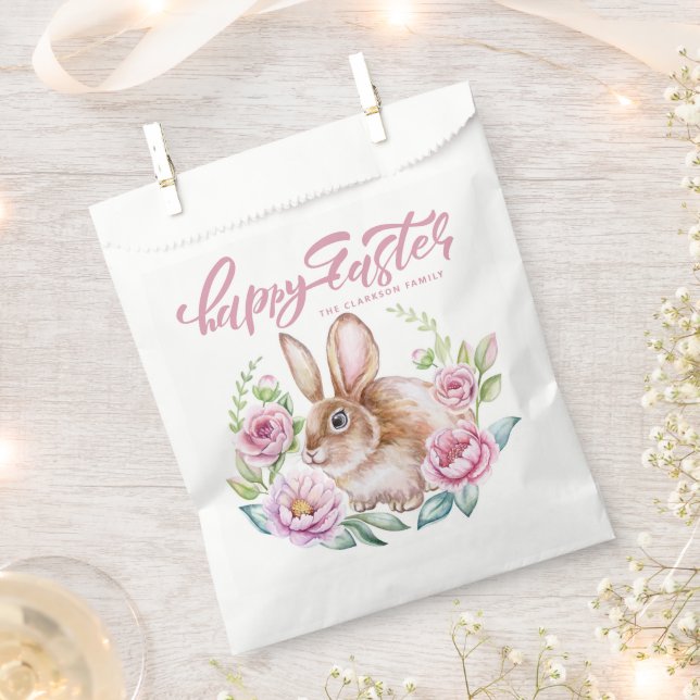 Sacolinha Cute Watercolor Rabbit Pink Floral Wreath Easter (Cortado)