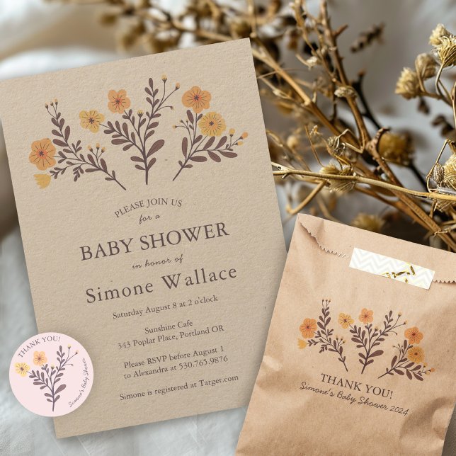 Sacolinha Dacil Florals Elegante OBRIGADO CHÁ DE FRALDAS (Dainty Florals Elegant CUSTOM BABY SHOWER KRAFT Favor bags plus matching invitations and stickers
)