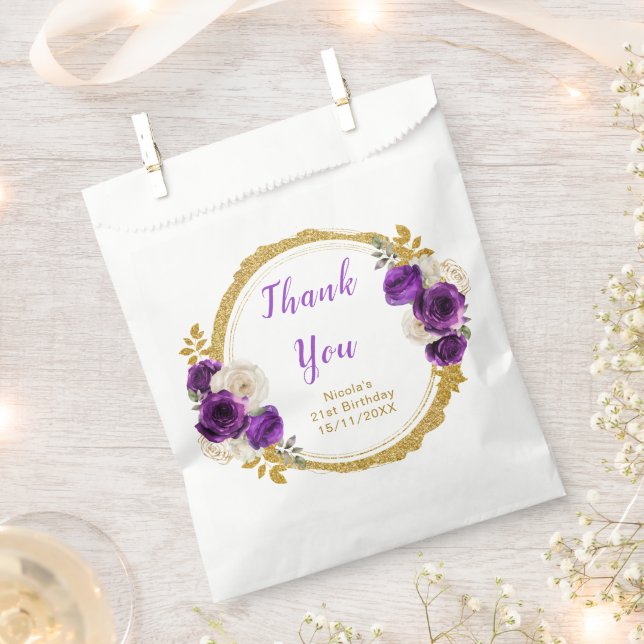 Sacolinha Dark Purple and Gold Elegant Flower Birthday Party (Cortado)