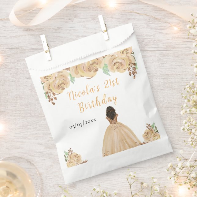 Sacolinha Dark Skin Princess Peach Floral Birthday Party (Cortado)