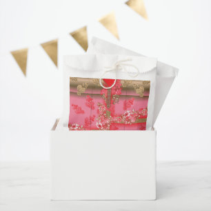 Sacolinha design de fundo rosa e ouro com vermelho