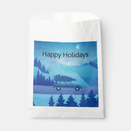 Sacolinha Dirigindo pela estrada com uma árvore de natal