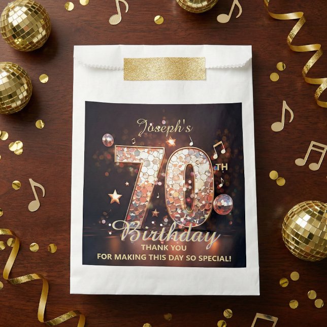 Sacolinha Disco Ball Music Notes Gold Glitter 70th Birthday  (Criador carregado)