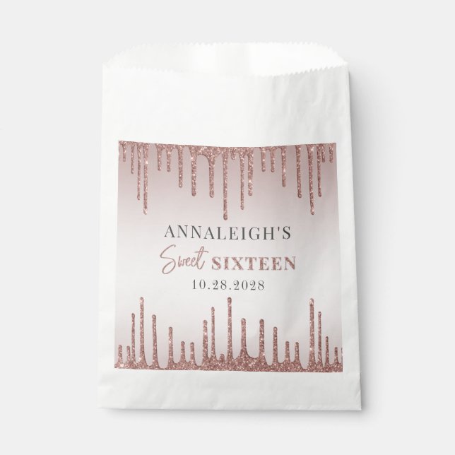 Sacolinha Doce 16 Aniversário - Rosa Dourada Glitter Drip (Frente)