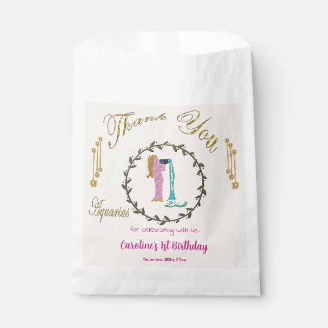 Sacolinha Dourado e Pérolas primeiro aniversario Aquário Obr (Frente)