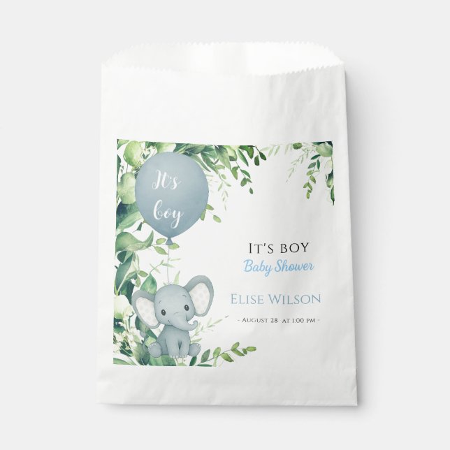 Sacolinha É garoto! Pequeno elefante bonito com balão (Frente)