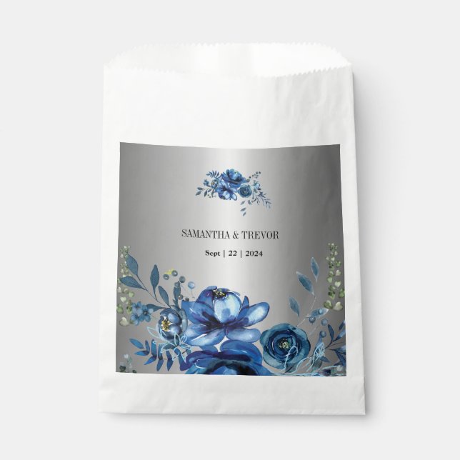 Sacolinha Elegância Elegante: Prata Metálica e Flores Azuis (Frente)