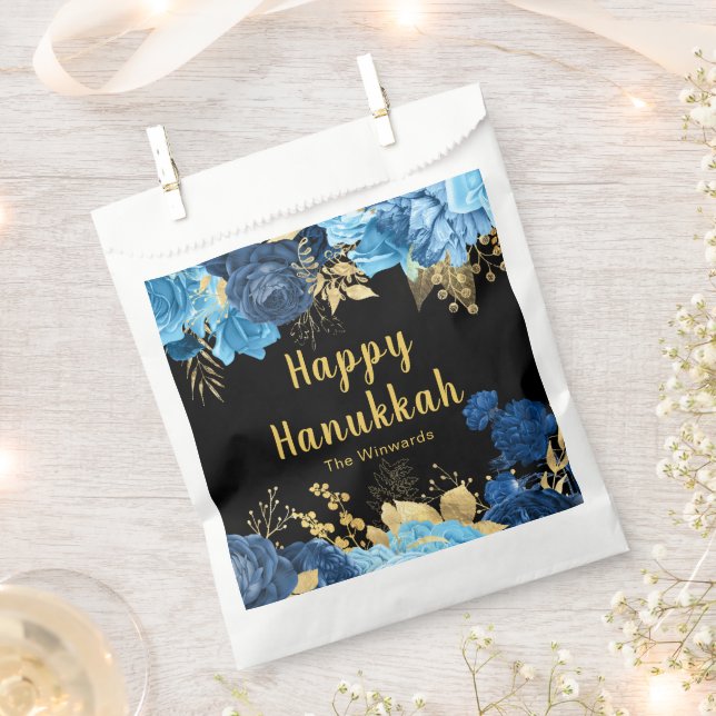Sacolinha Elegant Blue and Gold Flowers Hanukkah Party (Cortado)