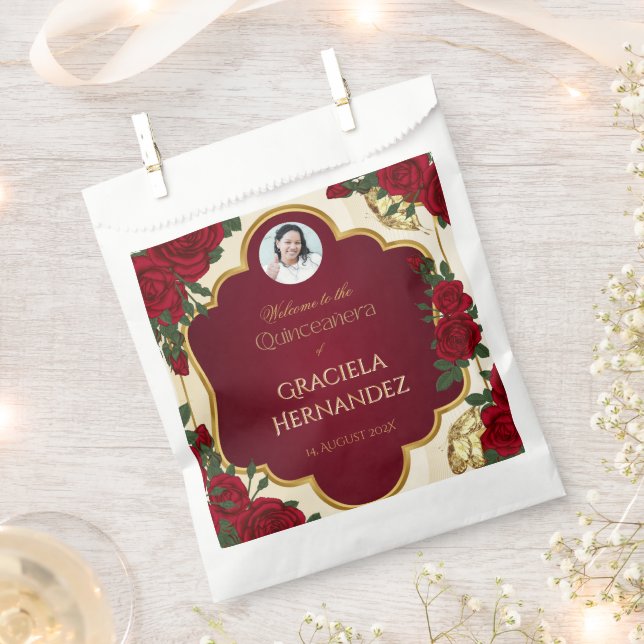 Sacolinha Elegant Burgundy Red & Gold Rose Quinceañera  (Cortado)