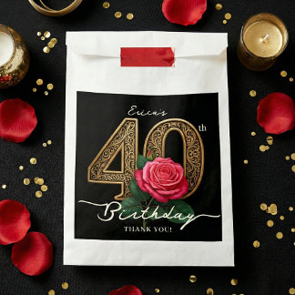 Sacolinha Elegant Chic Black Gold 40th Birthday Red Rose