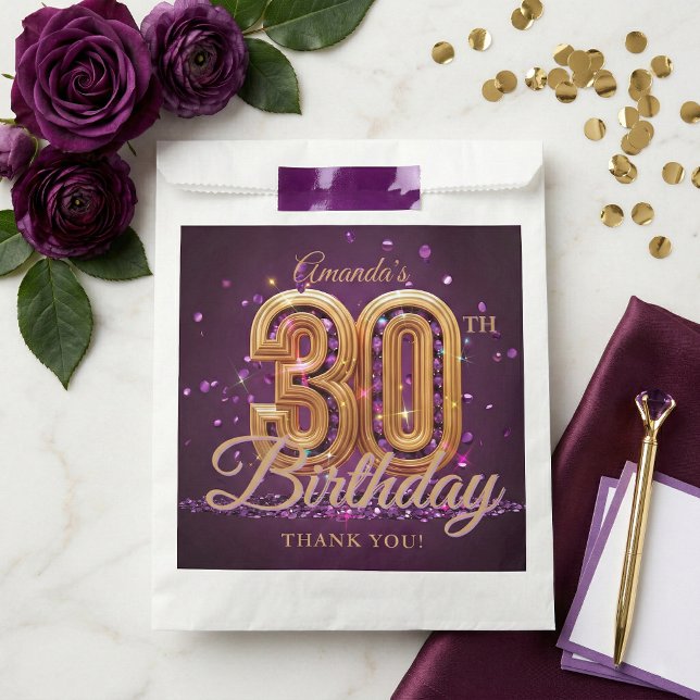 Sacolinha Elegant Purple Gold 30th Birthday Party Thank You (Criador carregado)