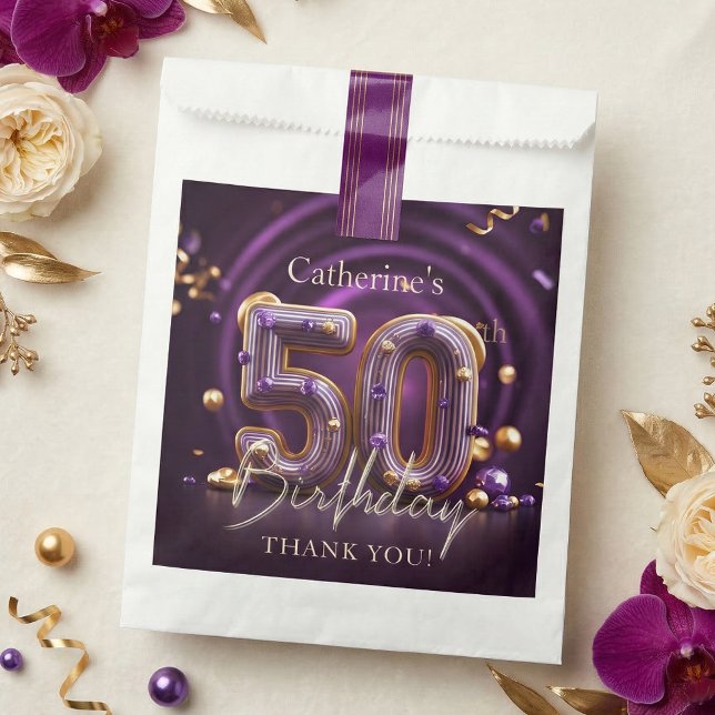 Sacolinha Elegant Purple Gold 50th Birthday Party Thank You (Criador carregado)