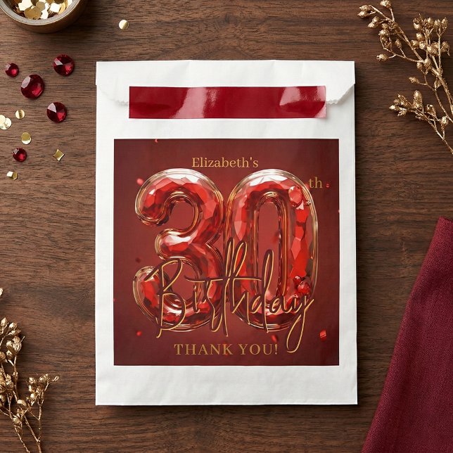 Sacolinha Elegant Ruby Red Gold 30th Birthday Thank You (Criador carregado)