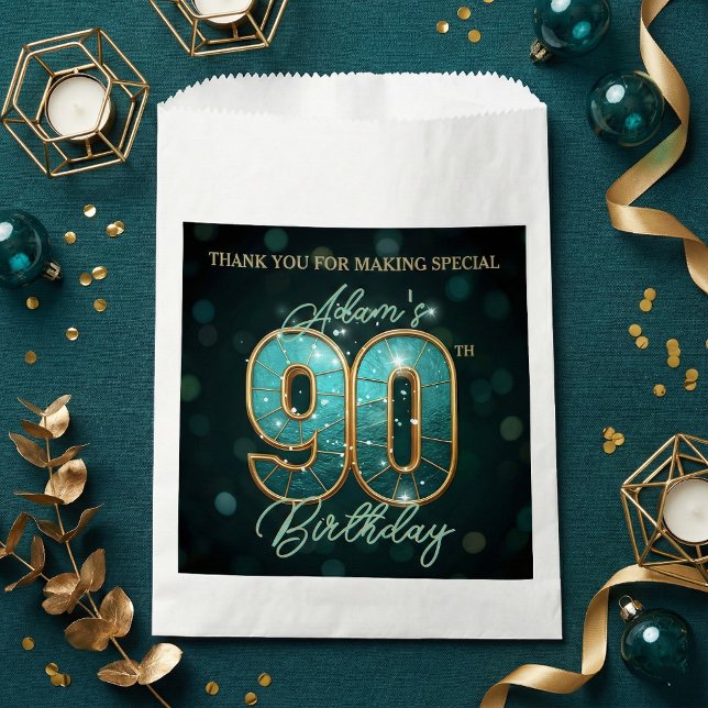 Sacolinha Elegant Shiny Teal Gold 90th Birthday Party (Criador carregado)