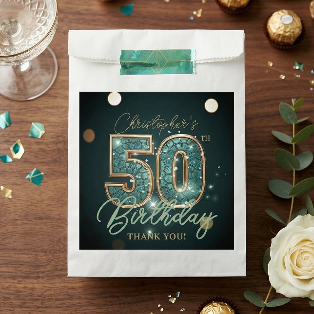 Sacolinha Elegant Teal and Gold 50th Birthday Thank You (Criador carregado)