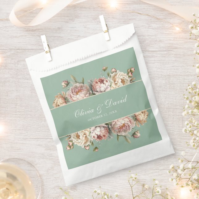 Sacolinha Elegante Blush Rosa Desbotado Peônias Verde Musgo  (Cortado)