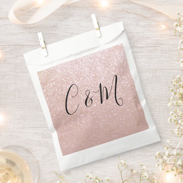 Sacolinha Elegante Monograma Rosa Glitter Wedding Favor Bag (Cortado)