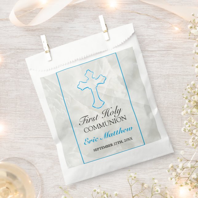 Sacolinha Elegante Primeira Comunhão Cruz Azul com Marble (Cortado)