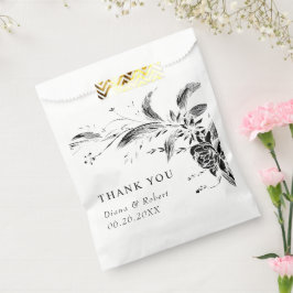 Sacolinha Elegantes flores pretas e brancas Obrigado casamen